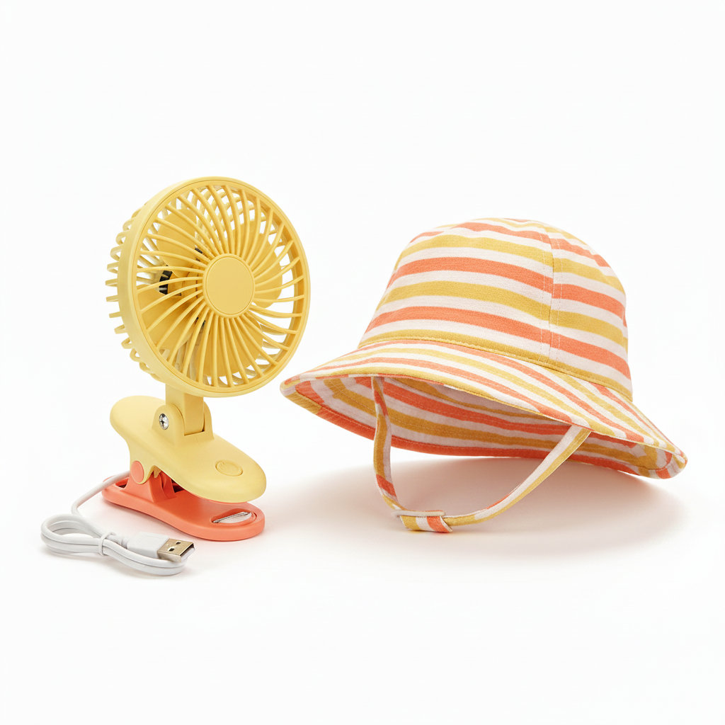 Mini fan and striped hat